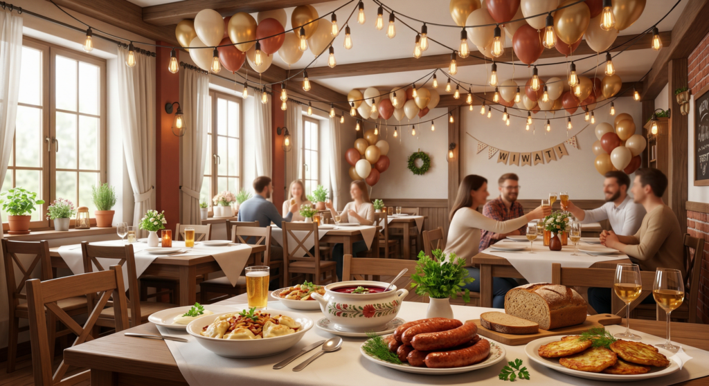 Imprezy okolicznościowe Giżycko – sala bistro Pobite Gary z nakrytymi stołami